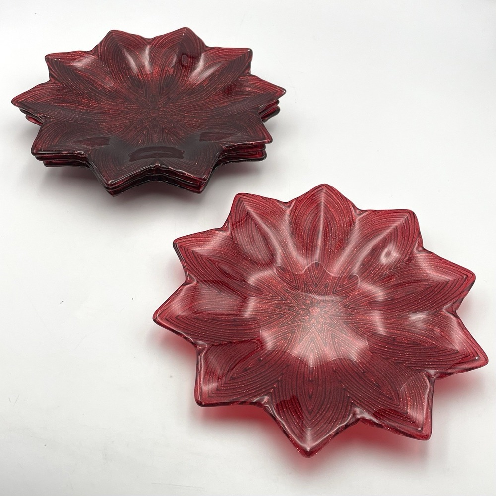 Artistic Accents Poinsettia Dessert Appetizer Plates Set of 4 Red Christmas 8.5"